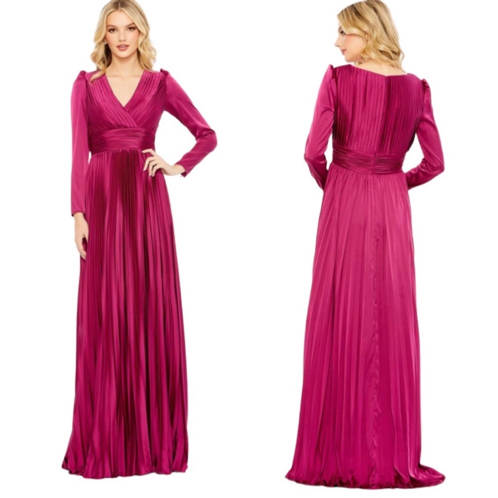 Mac Duggal 26542 Size 18 Magenta Pink Satin Pleated Long Sleeve Maxi Gown Dress